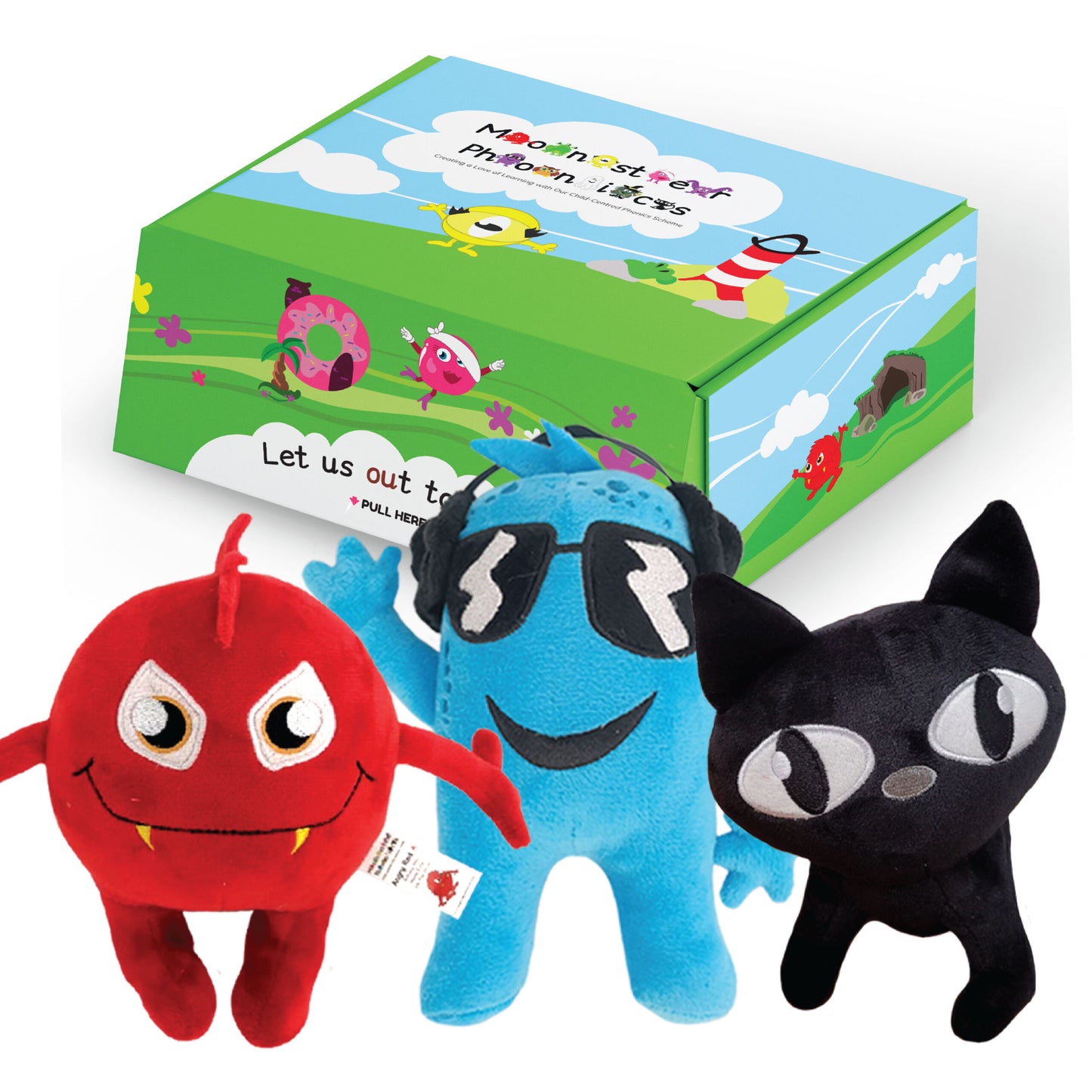 Cool Blue, Angry Red A and Black Cat cuddly toys