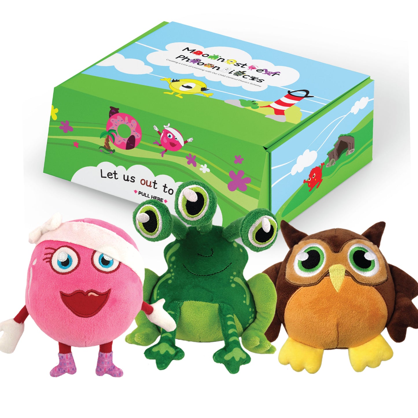 Miss Oh No, Green Froggy and Brown Owl cuddly toys