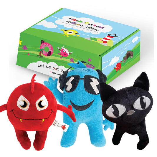 Cool Blue, Angry Red A and Black Cat cuddly toys